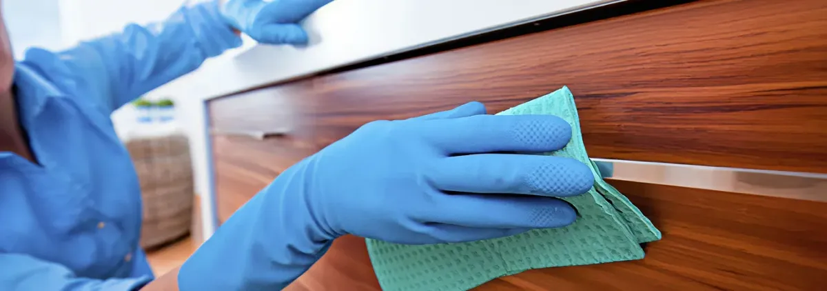Cleaner wearing blue gloves wiping a wooden cabinet drawer with a microfiber cloth for dust and grime removal, Overland Park, KS.